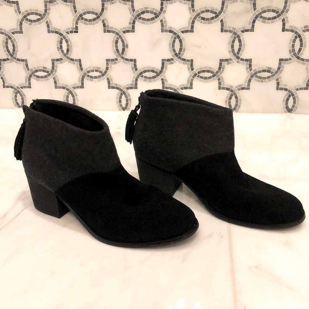 Tom’s black suede and grey flannel booties zipper back  size 8M  *worn twice*